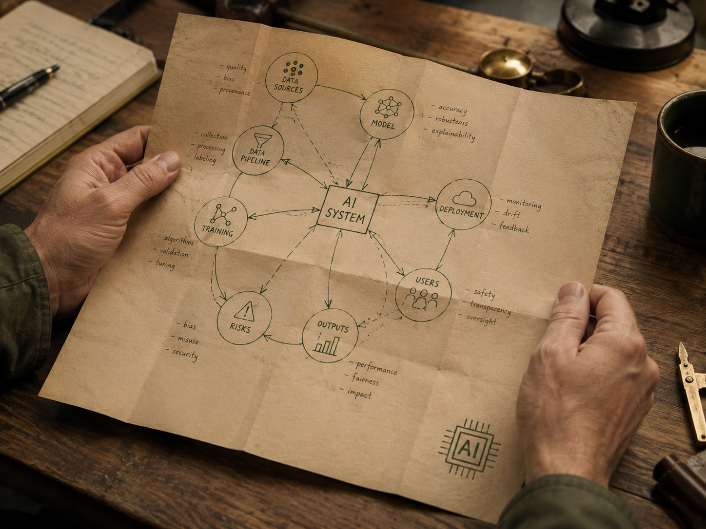 Hand-drawn AI system risk diagram on a field-note sheet.
